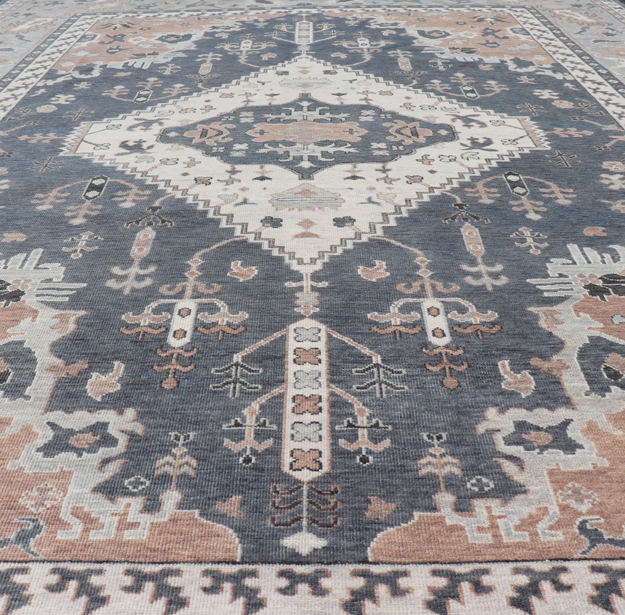 Wool Indian Oushak With Botanical Design in Taupe, Charcoal, Ivory, and Orange Measures 9'0 x 12'4 Country of Origin: India; Type: Oushak; Design: All - Over, Botanical, Motif; Keivan Woven Arts: rug IN - TVN - 1093; Wool Indian Oushak ... - Keivan Woven ArtsIN - TVN - 1093 - 15464Rug