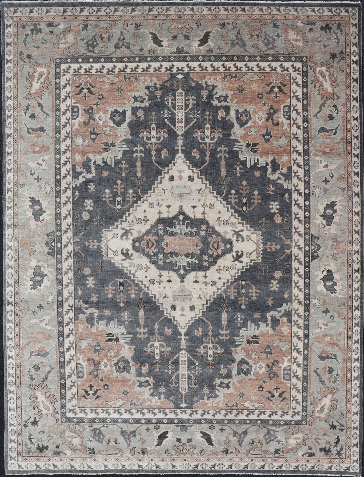 Wool Indian Oushak With Botanical Design in Taupe, Charcoal, Ivory, and Orange Measures 9'0 x 12'4 Country of Origin: India; Type: Oushak; Design: All - Over, Botanical, Motif; Keivan Woven Arts: rug IN - TVN - 1093; Wool Indian Oushak ... - Keivan Woven ArtsIN - TVN - 1093 - 15464Rug