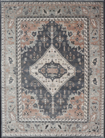 Wool Indian Oushak With Botanical Design in Taupe, Charcoal, Ivory, and Orange Measures 9'0 x 12'4 Country of Origin: India; Type: Oushak; Design: All - Over, Botanical, Motif; Keivan Woven Arts: rug IN - TVN - 1093; Wool Indian Oushak ... - Keivan Woven ArtsIN - TVN - 1093 - 15464Rug