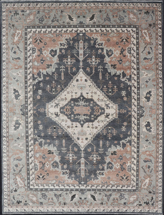 Wool Indian Oushak With Botanical Design in Taupe, Charcoal, Ivory, and Orange Measures 9'0 x 12'4 Country of Origin: India; Type: Oushak; Design: All - Over, Botanical, Motif; Keivan Woven Arts: rug IN - TVN - 1093; Wool Indian Oushak ... - Keivan Woven ArtsIN - TVN - 1093 - 15464Rug