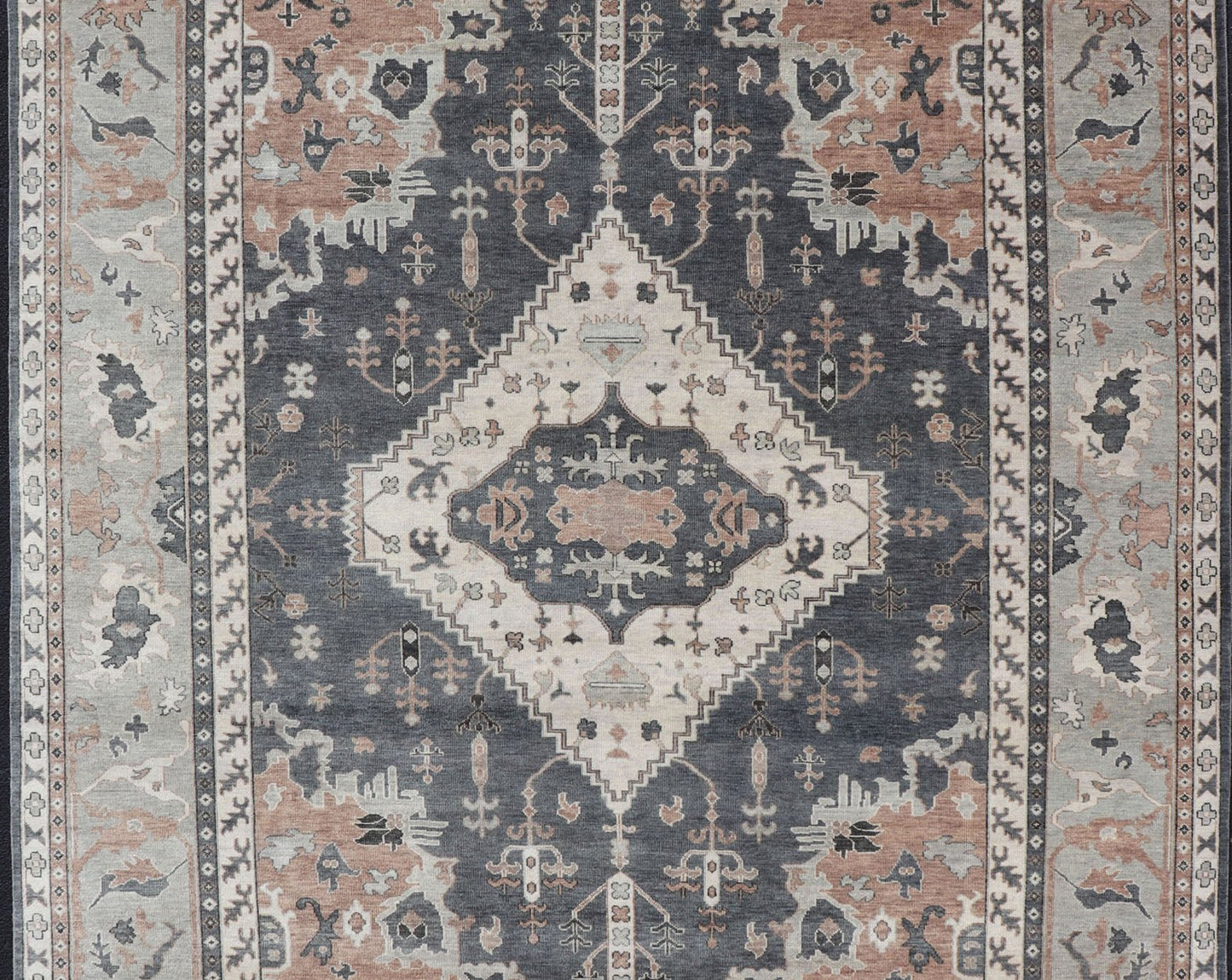 Wool Indian Oushak With Botanical Design in Taupe, Charcoal, Ivory, and Orange Measures 9'0 x 12'4 Country of Origin: India; Type: Oushak; Design: All - Over, Botanical, Motif; Keivan Woven Arts: rug IN - TVN - 1093; Wool Indian Oushak ... - Keivan Woven ArtsIN - TVN - 1093 - 15464Rug