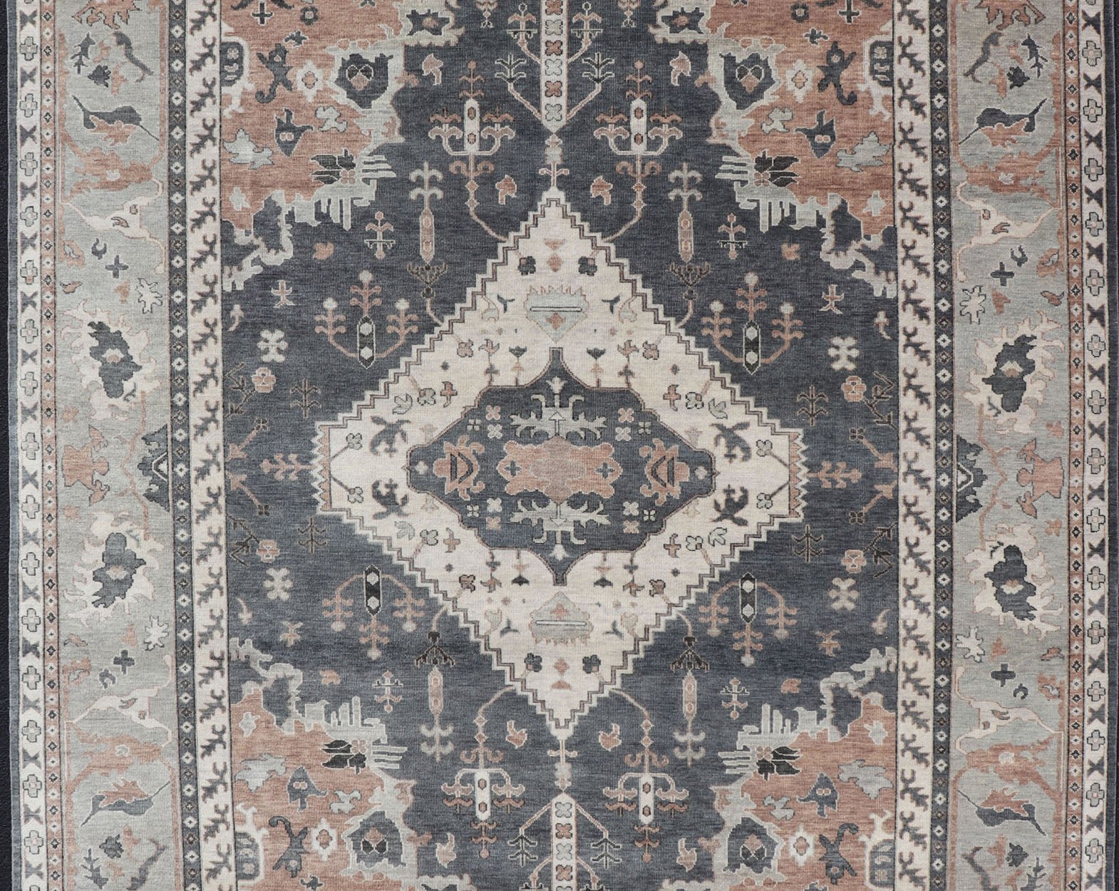 Wool Indian Oushak With Botanical Design in Taupe, Charcoal, Ivory, and Orange Measures 9'0 x 12'4 Country of Origin: India; Type: Oushak; Design: All - Over, Botanical, Motif; Keivan Woven Arts: rug IN - TVN - 1093; Wool Indian Oushak ... - Keivan Woven ArtsIN - TVN - 1093 - 15464Rug