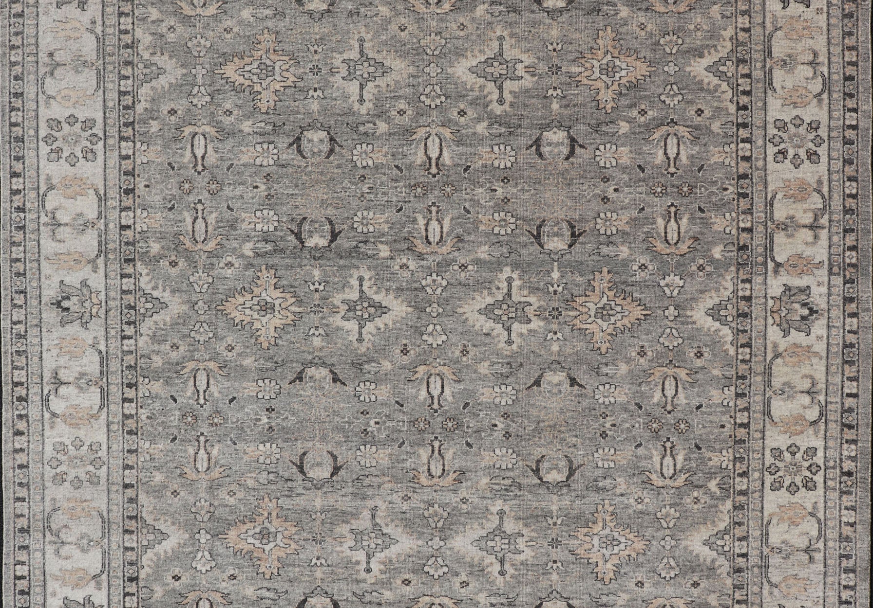 Large Faded Wool Indian Oushak Rug in Gray, Charcoal, and Light Taupe Measures 9'0 x 12'3 Country of Origin: India; Type: Oushak; Design: All - Over, Botanical, Floral; Keivan Woven Arts: rug IN - TVN - 1405; Large Faded Wool Indian Oushak ... - Keivan Woven ArtsIN - TVN - 1405 - 15470Rug