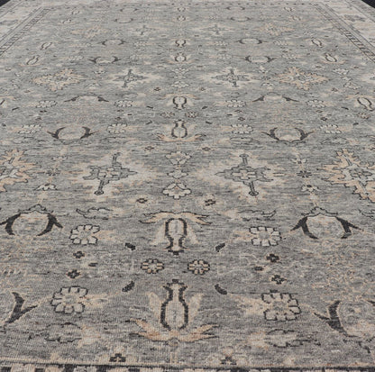 Large Faded Wool Indian Oushak Rug in Gray, Charcoal, and Light Taupe Measures 9'0 x 12'3 Country of Origin: India; Type: Oushak; Design: All - Over, Botanical, Floral; Keivan Woven Arts: rug IN - TVN - 1405; Large Faded Wool Indian Oushak ... - Keivan Woven ArtsIN - TVN - 1405 - 15470Rug
