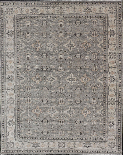 Large Faded Wool Indian Oushak Rug in Gray, Charcoal, and Light Taupe Measures 9'0 x 12'3 Country of Origin: India; Type: Oushak; Design: All - Over, Botanical, Floral; Keivan Woven Arts: rug IN - TVN - 1405; Large Faded Wool Indian Oushak ... - Keivan Woven ArtsIN - TVN - 1405 - 15470Rug