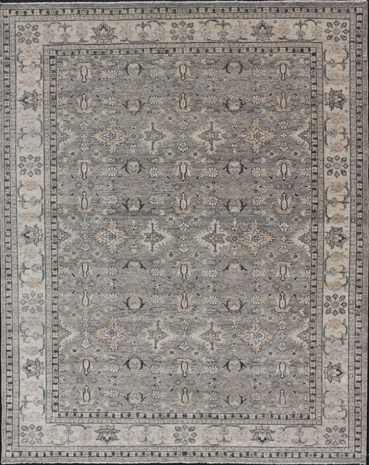 Large Faded Wool Indian Oushak Rug in Gray, Charcoal, and Light Taupe Measures 9'0 x 12'3 Country of Origin: India; Type: Oushak; Design: All - Over, Botanical, Floral; Keivan Woven Arts: rug IN - TVN - 1405; Large Faded Wool Indian Oushak ... - Keivan Woven ArtsIN - TVN - 1405 - 15470Rug