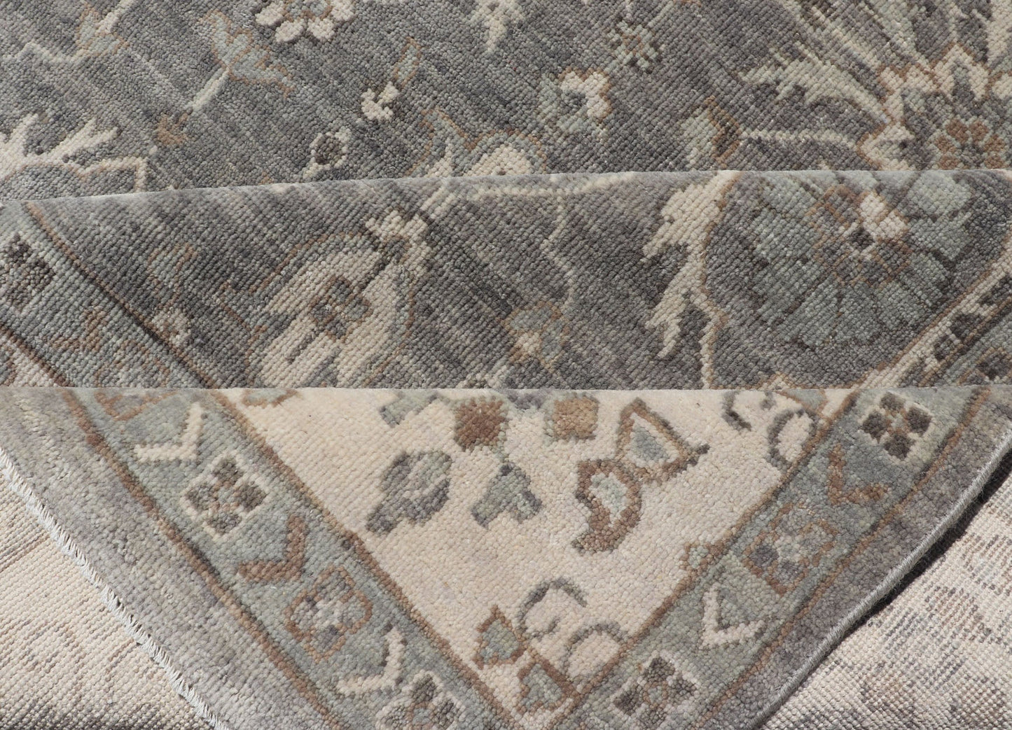 Hand - Woven Indian Oushak Area Rug in Khaki and Taupe Tones Measures 8'1 x 12'2 Country of Origin: India Type: Oushak Design: All - Over, Floral; Hand - Woven Indian Oushak Area Rug in Khaki and Taupe Tones; Keivan Woven Arts: rug IN - TVN - 145... - Keivan Woven ArtsIN - TVN - 1498 - 15478