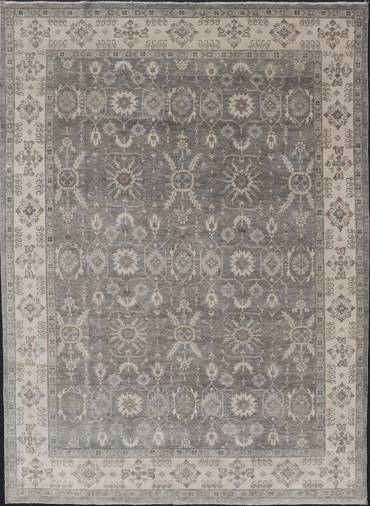 Hand - Woven Indian Oushak Area Rug in Khaki and Taupe Tones Measures 8'1 x 12'2 Country of Origin: India Type: Oushak Design: All - Over, Floral; Hand - Woven Indian Oushak Area Rug in Khaki and Taupe Tones; Keivan Woven Arts: rug IN - TVN - 145... - Keivan Woven ArtsIN - TVN - 1498 - 15478