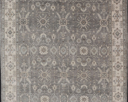Hand - Woven Indian Oushak Area Rug in Khaki and Taupe Tones Measures 8'1 x 12'2 Country of Origin: India Type: Oushak Design: All - Over, Floral; Hand - Woven Indian Oushak Area Rug in Khaki and Taupe Tones; Keivan Woven Arts: rug IN - TVN - 145... - Keivan Woven ArtsIN - TVN - 1498 - 15478