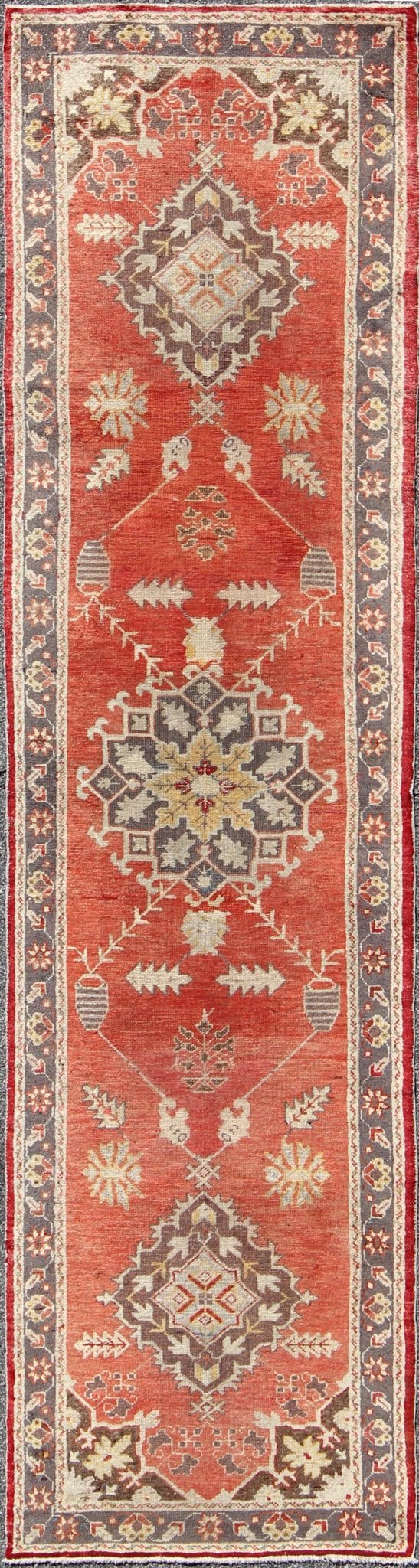 Red and Gray Mid - Century Vintage Turkish Oushak Runner with Floral Medallions, rug is - 161, country of origin / type: Turkey / Oushak, circa mid - 20th century This vintage Oushak runner features a unique blend of cheerful colors and an intricately... - Keivan Woven ArtsIS - 161 - 1412Rug