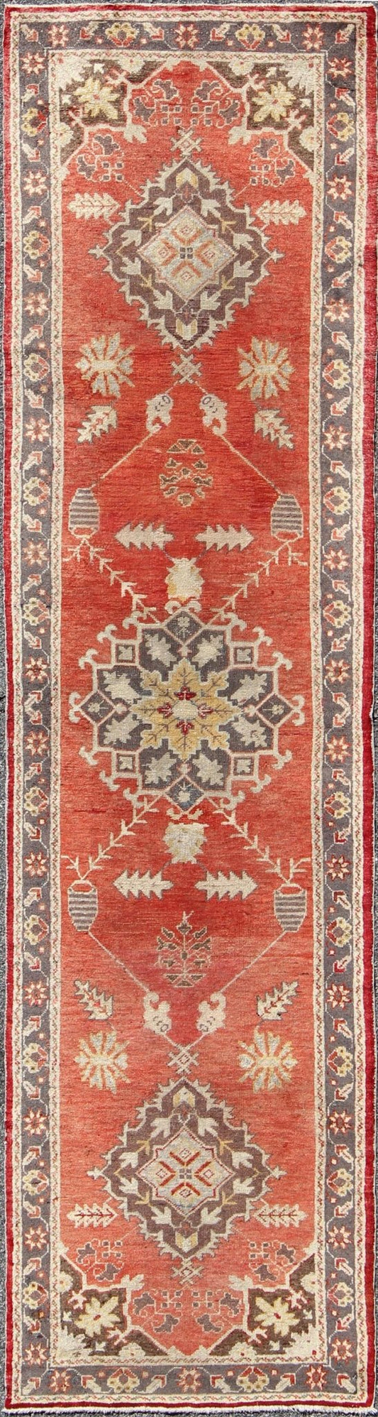 Red and Gray Mid - Century Vintage Turkish Oushak Runner with Floral Medallions, rug is - 161, country of origin / type: Turkey / Oushak, circa mid - 20th century This vintage Oushak runner features a unique blend of cheerful colors and an intricately... - Keivan Woven ArtsIS - 161 - 1412Rug