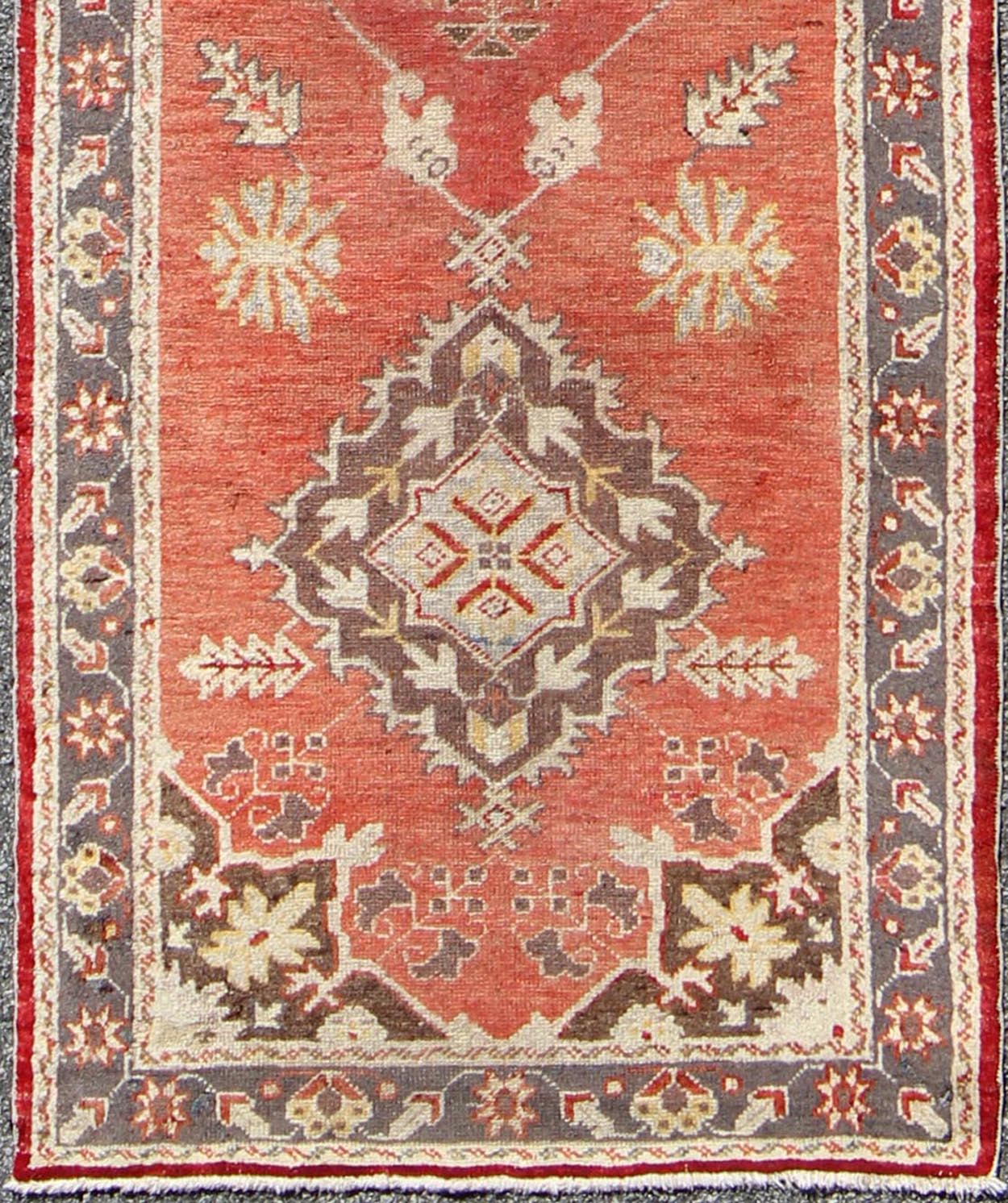 Red and Gray Mid - Century Vintage Turkish Oushak Runner with Floral Medallions, rug is - 161, country of origin / type: Turkey / Oushak, circa mid - 20th century This vintage Oushak runner features a unique blend of cheerful colors and an intricately... - Keivan Woven ArtsIS - 161 - 1412Rug
