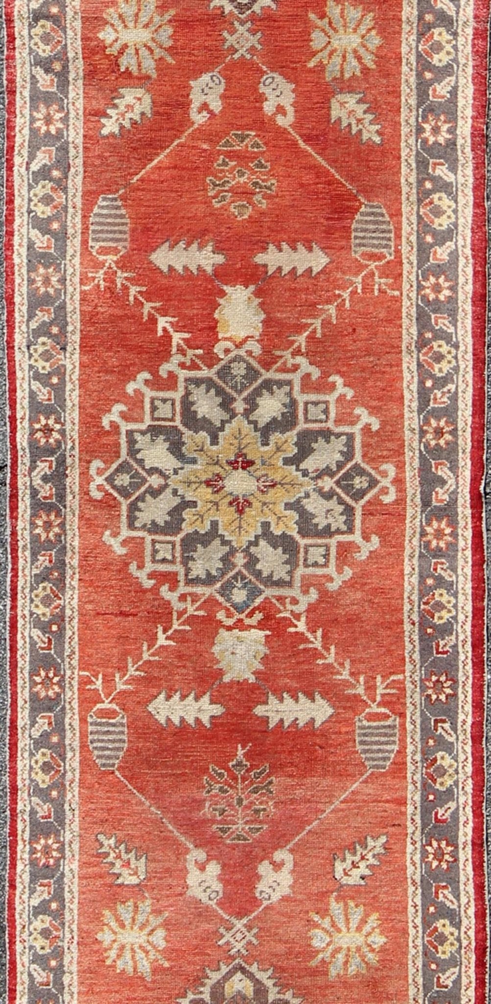 Red and Gray Mid - Century Vintage Turkish Oushak Runner with Floral Medallions, rug is - 161, country of origin / type: Turkey / Oushak, circa mid - 20th century This vintage Oushak runner features a unique blend of cheerful colors and an intricately... - Keivan Woven ArtsIS - 161 - 1412Rug