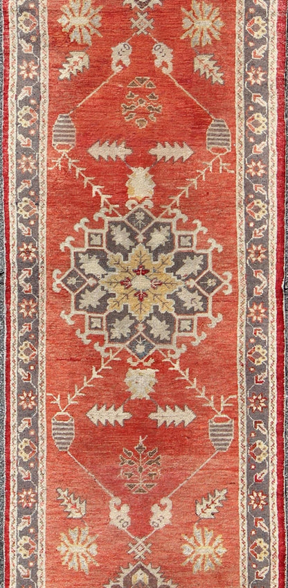 Red and Gray Mid - Century Vintage Turkish Oushak Runner with Floral Medallions, rug is - 161, country of origin / type: Turkey / Oushak, circa mid - 20th century This vintage Oushak runner features a unique blend of cheerful colors and an intricately... - Keivan Woven ArtsIS - 161 - 1412Rug