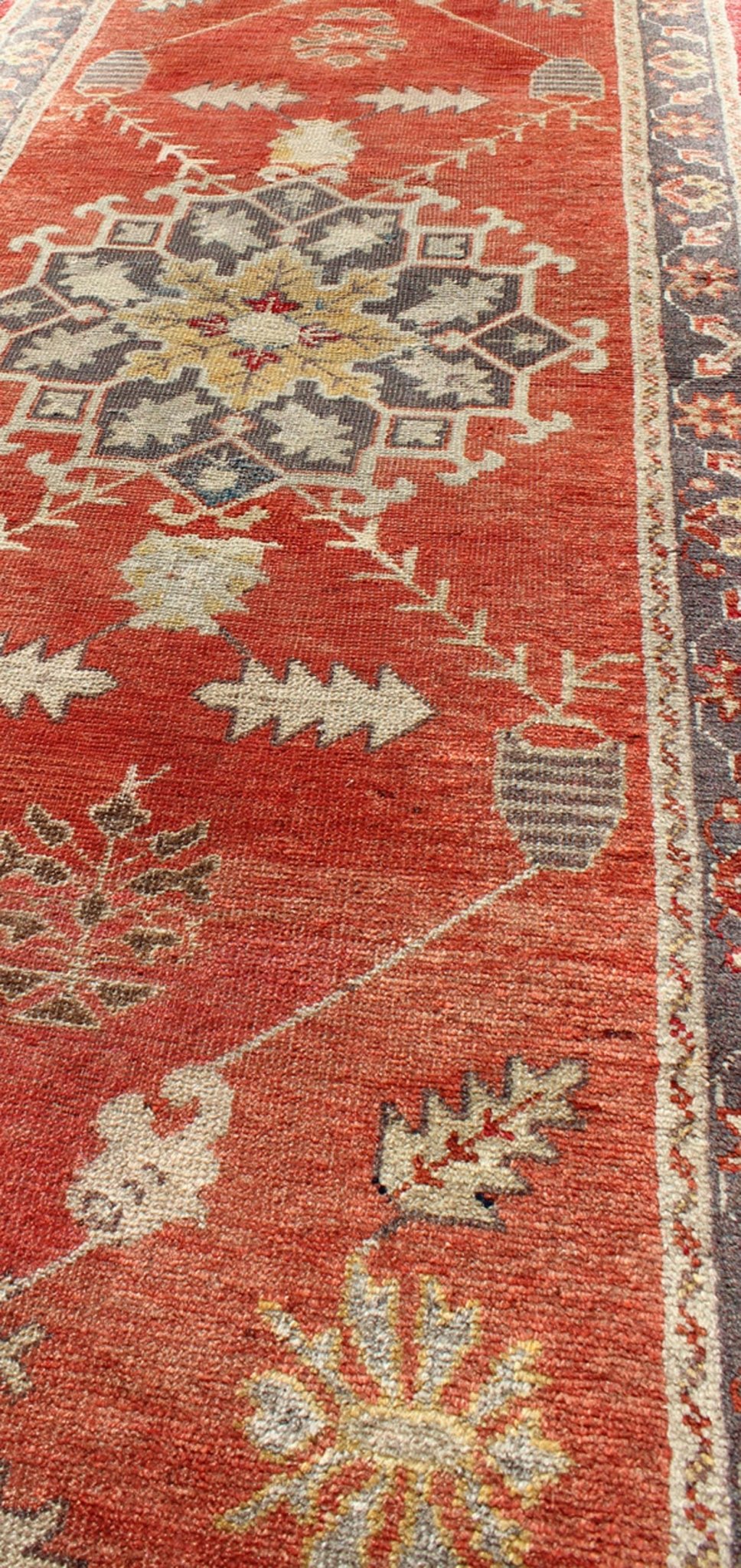 Red and Gray Mid - Century Vintage Turkish Oushak Runner with Floral Medallions, rug is - 161, country of origin / type: Turkey / Oushak, circa mid - 20th century This vintage Oushak runner features a unique blend of cheerful colors and an intricately... - Keivan Woven ArtsIS - 161 - 1412Rug