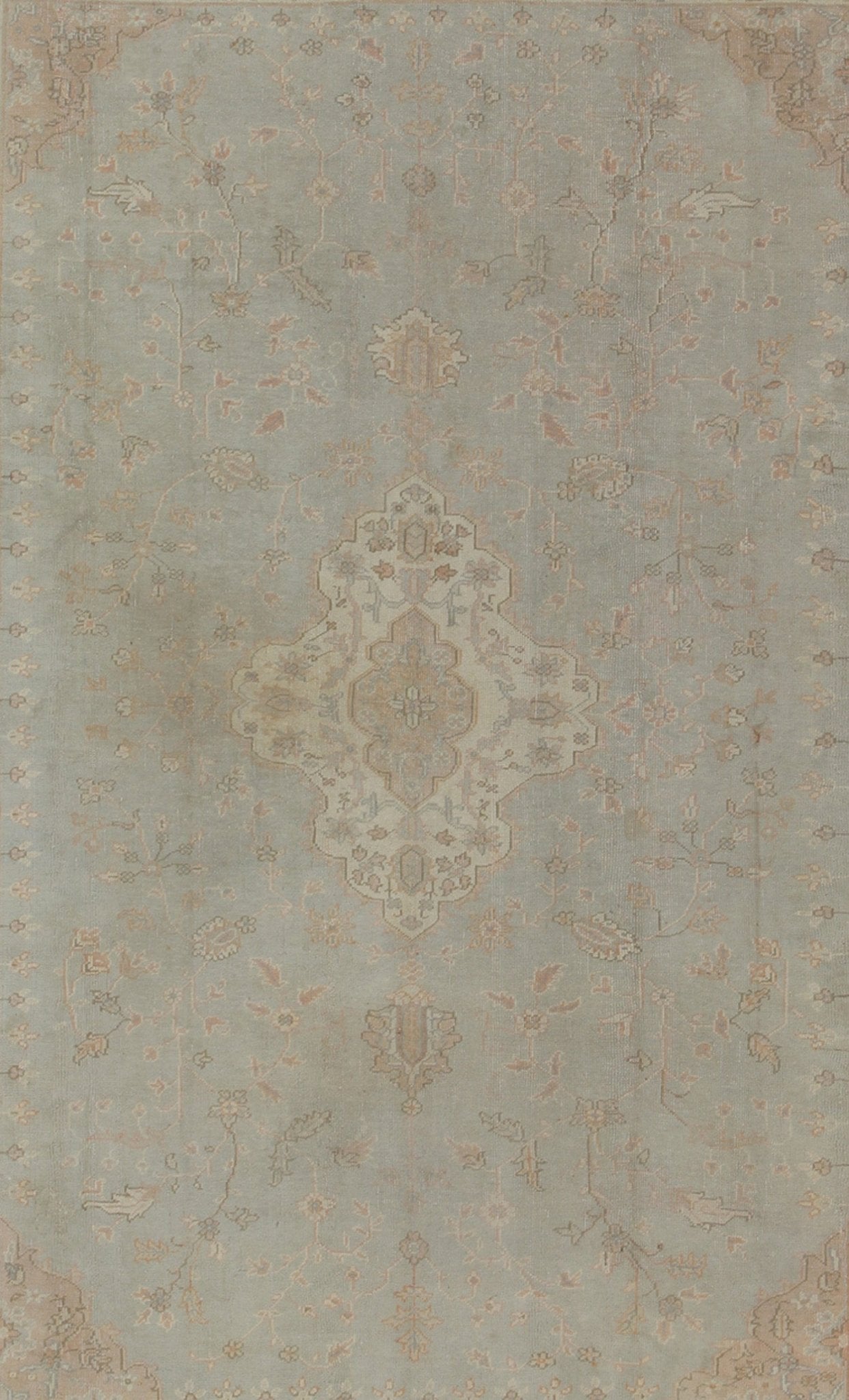 Antique Oushakcarpet in pale gray blue, taupe, pink, ivory and light salmon. Keivan Woven Arts / rug IS - 169, country of origin / type: Turkey / Oushak, circa 1920. Measures: 10' X 13'2. This antique Oushak bears a refined beauty due to its soft ... - Keivan Woven ArtsIS - 169 - 575Rug