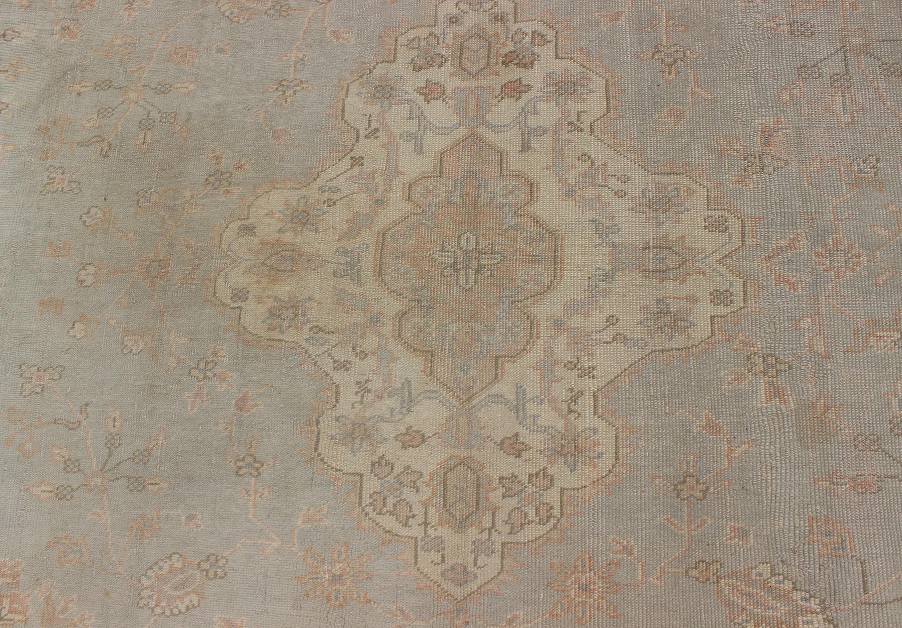Antique Oushakcarpet in pale gray blue, taupe, pink, ivory and light salmon. Keivan Woven Arts / rug IS - 169, country of origin / type: Turkey / Oushak, circa 1920. Measures: 10' X 13'2. This antique Oushak bears a refined beauty due to its soft ... - Keivan Woven ArtsIS - 169 - 575Rug