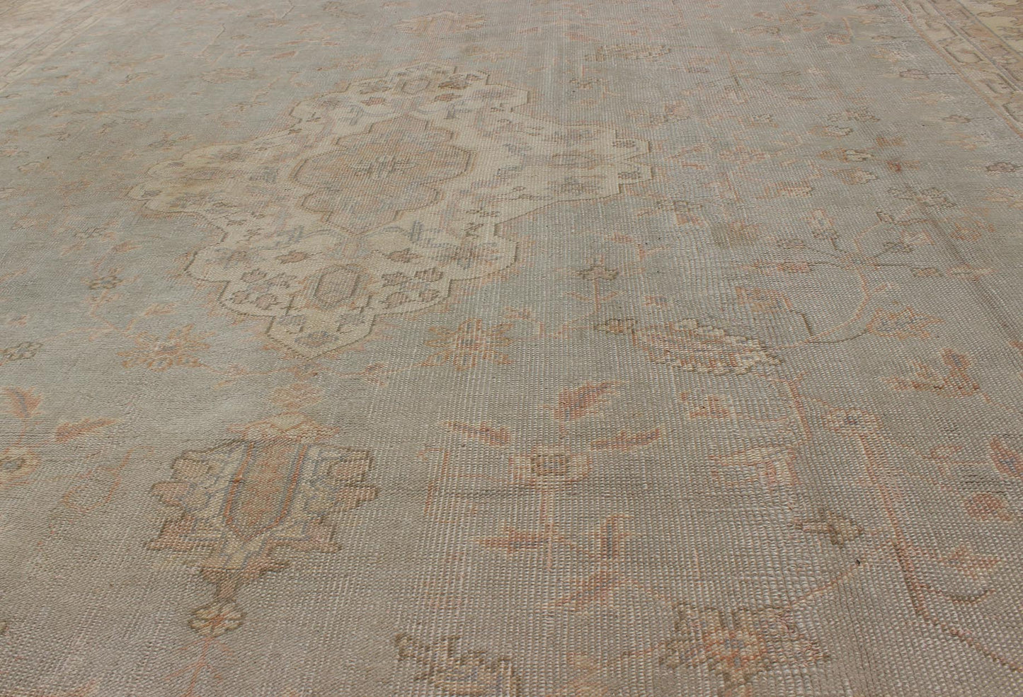 Antique Oushakcarpet in pale gray blue, taupe, pink, ivory and light salmon. Keivan Woven Arts / rug IS - 169, country of origin / type: Turkey / Oushak, circa 1920. Measures: 10' X 13'2. This antique Oushak bears a refined beauty due to its soft ... - Keivan Woven ArtsIS - 169 - 575Rug