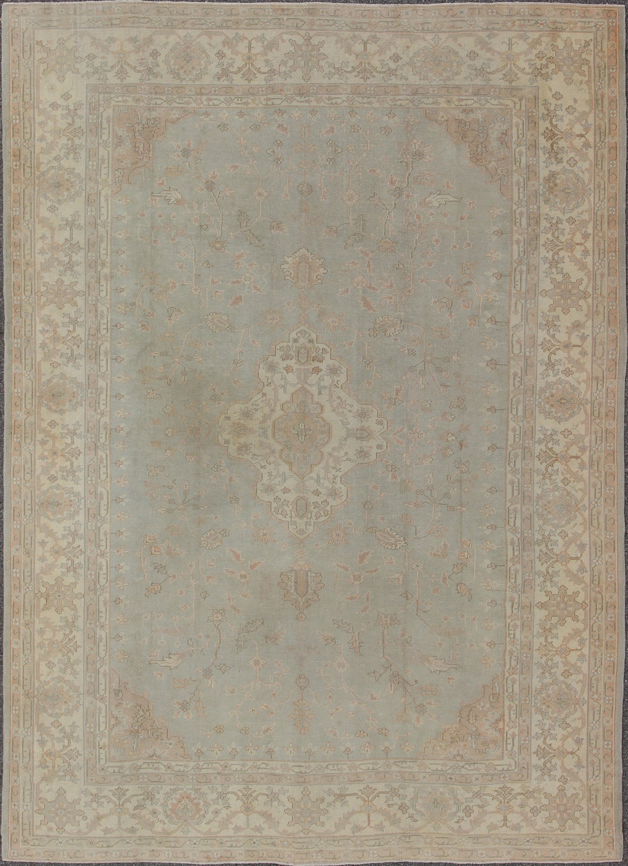 Antique Oushakcarpet in pale gray blue, taupe, pink, ivory and light salmon. Keivan Woven Arts / rug IS - 169, country of origin / type: Turkey / Oushak, circa 1920. Measures: 10' X 13'2. This antique Oushak bears a refined beauty due to its soft ... - Keivan Woven ArtsIS - 169 - 575Rug