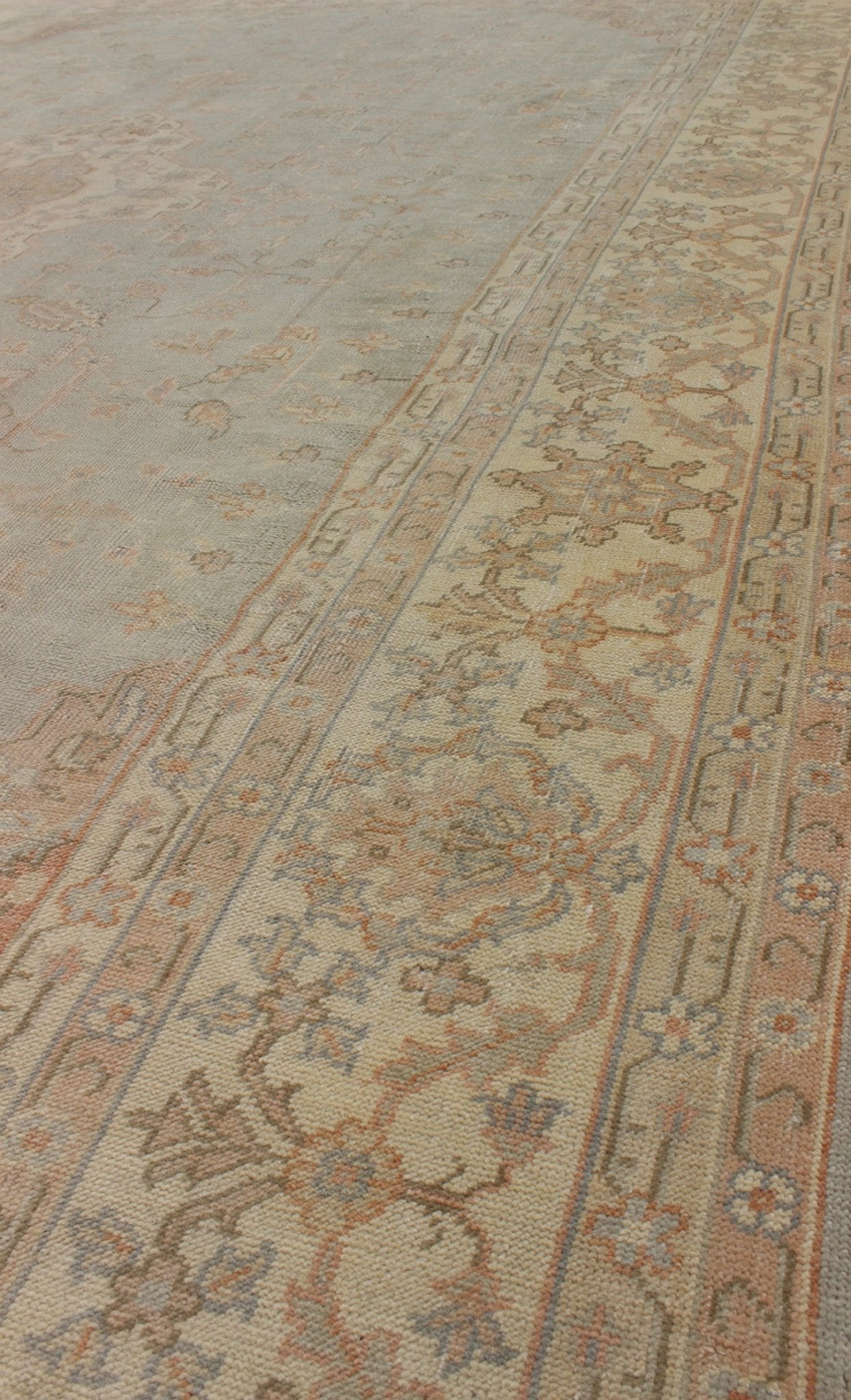 Antique Oushakcarpet in pale gray blue, taupe, pink, ivory and light salmon. Keivan Woven Arts / rug IS - 169, country of origin / type: Turkey / Oushak, circa 1920. Measures: 10' X 13'2. This antique Oushak bears a refined beauty due to its soft ... - Keivan Woven ArtsIS - 169 - 575Rug