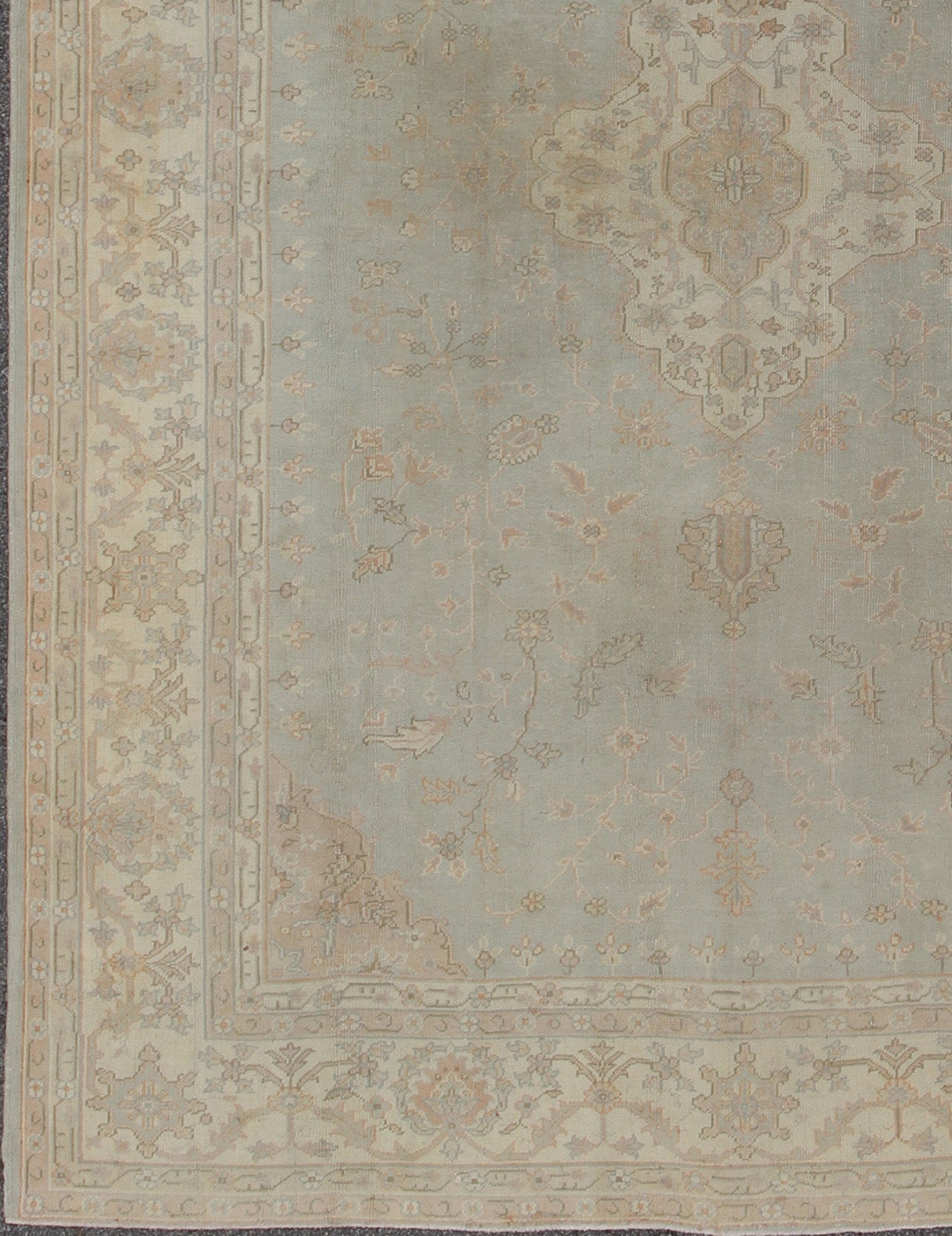 Antique Oushakcarpet in pale gray blue, taupe, pink, ivory and light salmon. Keivan Woven Arts / rug IS - 169, country of origin / type: Turkey / Oushak, circa 1920. Measures: 10' X 13'2. This antique Oushak bears a refined beauty due to its soft ... - Keivan Woven ArtsIS - 169 - 575Rug