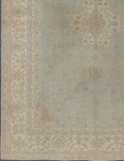 Antique Oushakcarpet in pale gray blue, taupe, pink, ivory and light salmon. Keivan Woven Arts / rug IS - 169, country of origin / type: Turkey / Oushak, circa 1920. Measures: 10' X 13'2. This antique Oushak bears a refined beauty due to its soft ... - Keivan Woven ArtsIS - 169 - 575Rug
