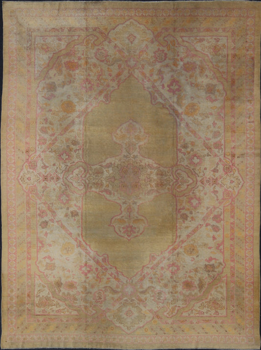 Antique Amritsar Rug With Medallion Design in Acidic - Yellow Green, Pink, Ivory. Keivan Woven Arts / rug / J10 - 0301 / country of origin / type: India / Amritsar, circa Early - 20th Century. Antique Amritsar, antique Agra. Measures: 10'7 x 13'7. Rema... - Keivan Woven ArtsJ10 - 0301 - 2999Rug
