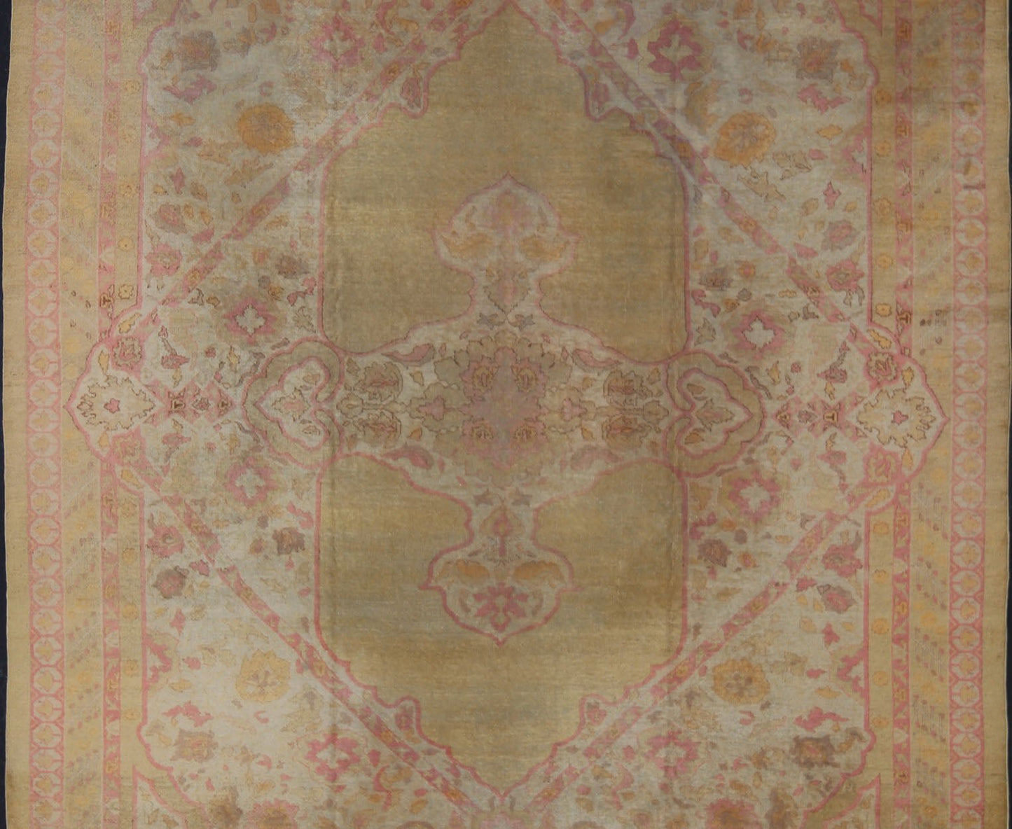 Antique Amritsar Rug With Medallion Design in Acidic - Yellow Green, Pink, Ivory. Keivan Woven Arts / rug / J10 - 0301 / country of origin / type: India / Amritsar, circa Early - 20th Century. Antique Amritsar, antique Agra. Measures: 10'7 x 13'7. Rema... - Keivan Woven ArtsJ10 - 0301 - 2999Rug