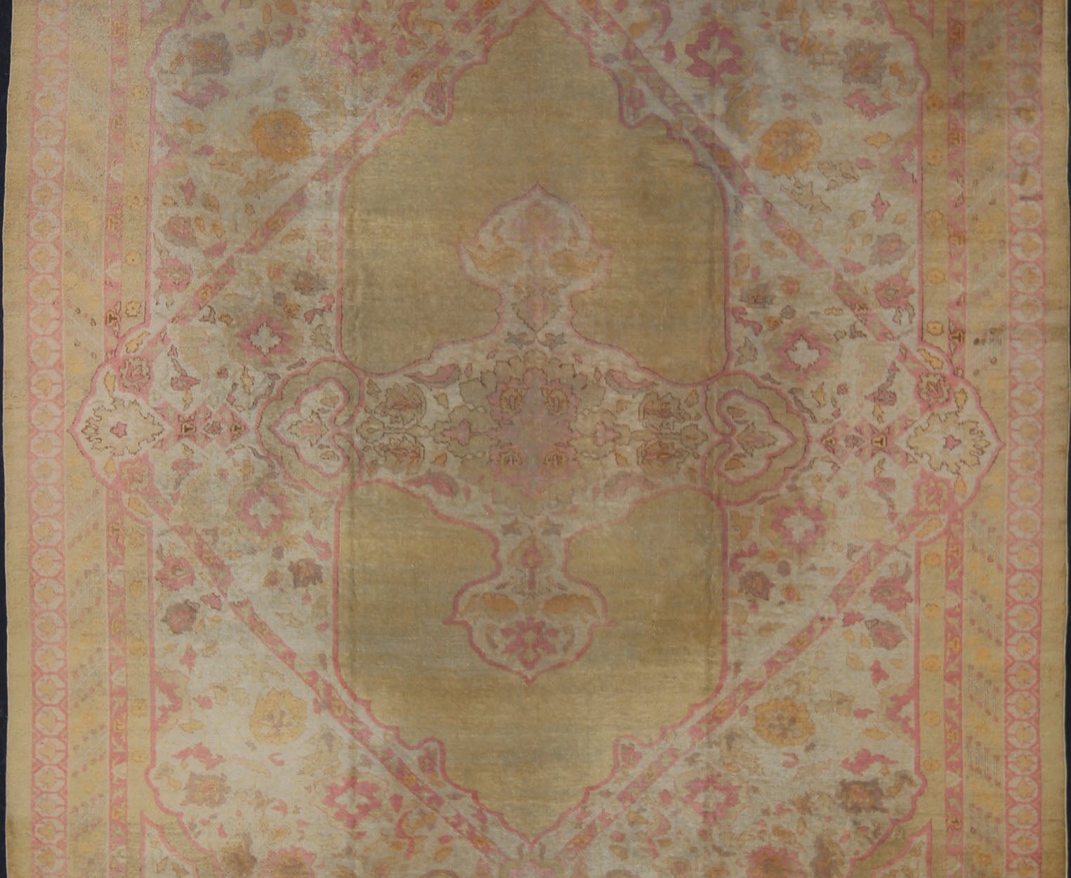 Antique Amritsar Rug With Medallion Design in Acidic - Yellow Green, Pink, Ivory. Keivan Woven Arts / rug / J10 - 0301 / country of origin / type: India / Amritsar, circa Early - 20th Century. Antique Amritsar, antique Agra. Measures: 10'7 x 13'7. Rema... - Keivan Woven ArtsJ10 - 0301 - 2999Rug