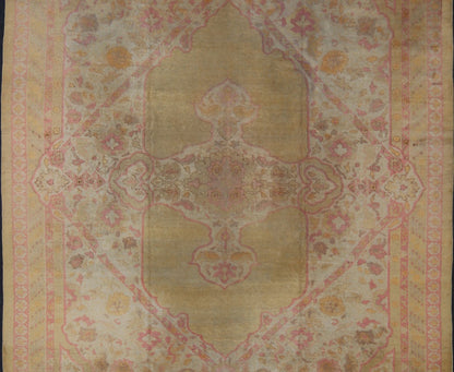Antique Amritsar Rug With Medallion Design in Acidic - Yellow Green, Pink, Ivory. Keivan Woven Arts / rug / J10 - 0301 / country of origin / type: India / Amritsar, circa Early - 20th Century. Antique Amritsar, antique Agra. Measures: 10'7 x 13'7. Rema... - Keivan Woven ArtsJ10 - 0301 - 2999Rug