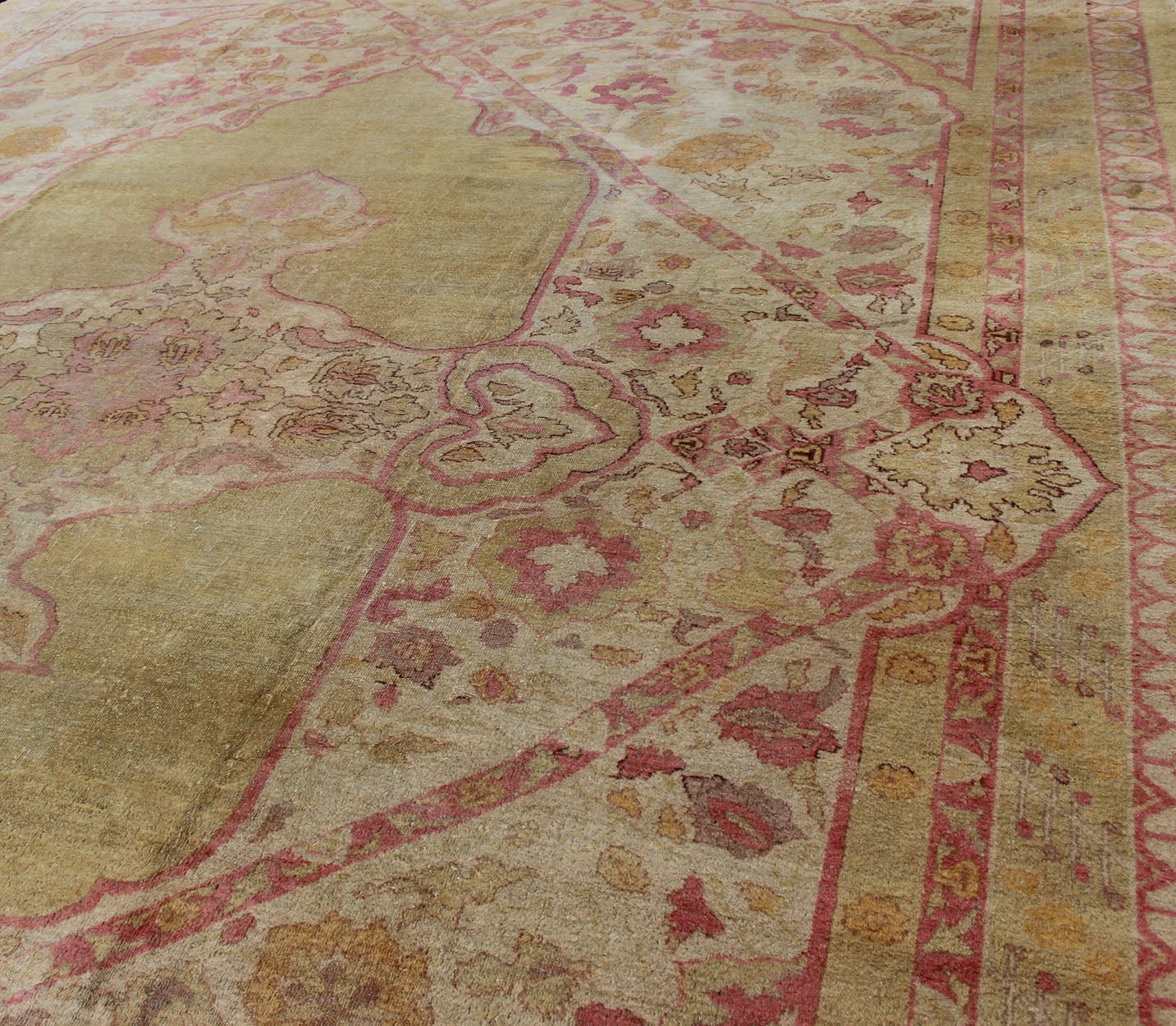 Antique Amritsar Rug With Medallion Design in Acidic - Yellow Green, Pink, Ivory. Keivan Woven Arts / rug / J10 - 0301 / country of origin / type: India / Amritsar, circa Early - 20th Century. Antique Amritsar, antique Agra. Measures: 10'7 x 13'7. Rema... - Keivan Woven ArtsJ10 - 0301 - 2999Rug
