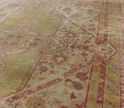 Antique Amritsar Rug With Medallion Design in Acidic - Yellow Green, Pink, Ivory. Keivan Woven Arts / rug / J10 - 0301 / country of origin / type: India / Amritsar, circa Early - 20th Century. Antique Amritsar, antique Agra. Measures: 10'7 x 13'7. Rema... - Keivan Woven ArtsJ10 - 0301 - 2999Rug