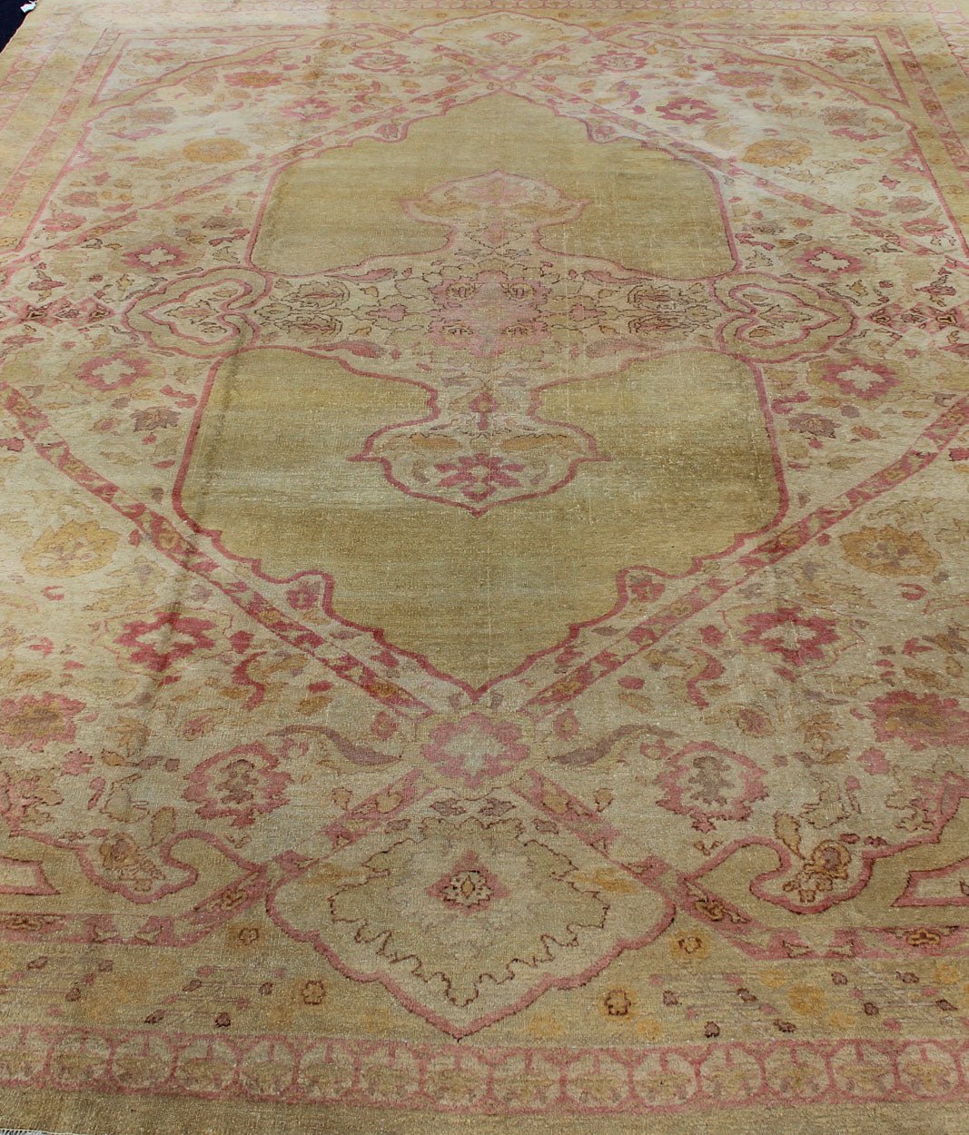 Antique Amritsar Rug With Medallion Design in Acidic - Yellow Green, Pink, Ivory. Keivan Woven Arts / rug / J10 - 0301 / country of origin / type: India / Amritsar, circa Early - 20th Century. Antique Amritsar, antique Agra. Measures: 10'7 x 13'7. Rema... - Keivan Woven ArtsJ10 - 0301 - 2999Rug