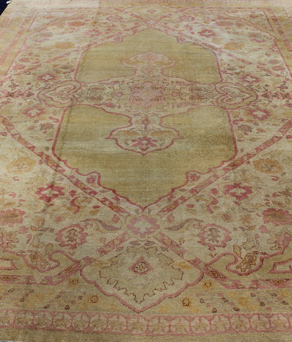 Antique Amritsar Rug With Medallion Design in Acidic - Yellow Green, Pink, Ivory. Keivan Woven Arts / rug / J10 - 0301 / country of origin / type: India / Amritsar, circa Early - 20th Century. Antique Amritsar, antique Agra. Measures: 10'7 x 13'7. Rema... - Keivan Woven ArtsJ10 - 0301 - 2999Rug