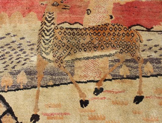 Antique Chinese Pictorial Rug with Deer and Crane Figures. Measures: 5' x 7'7. This enchanting east Chinese rug incorporates five symbols of longevity: the deer, the crane, a tree, rocks and water. Originally of Chinese origin, the symbols took o... - Keivan Woven ArtsJ10 - 0302 - 1833Rug