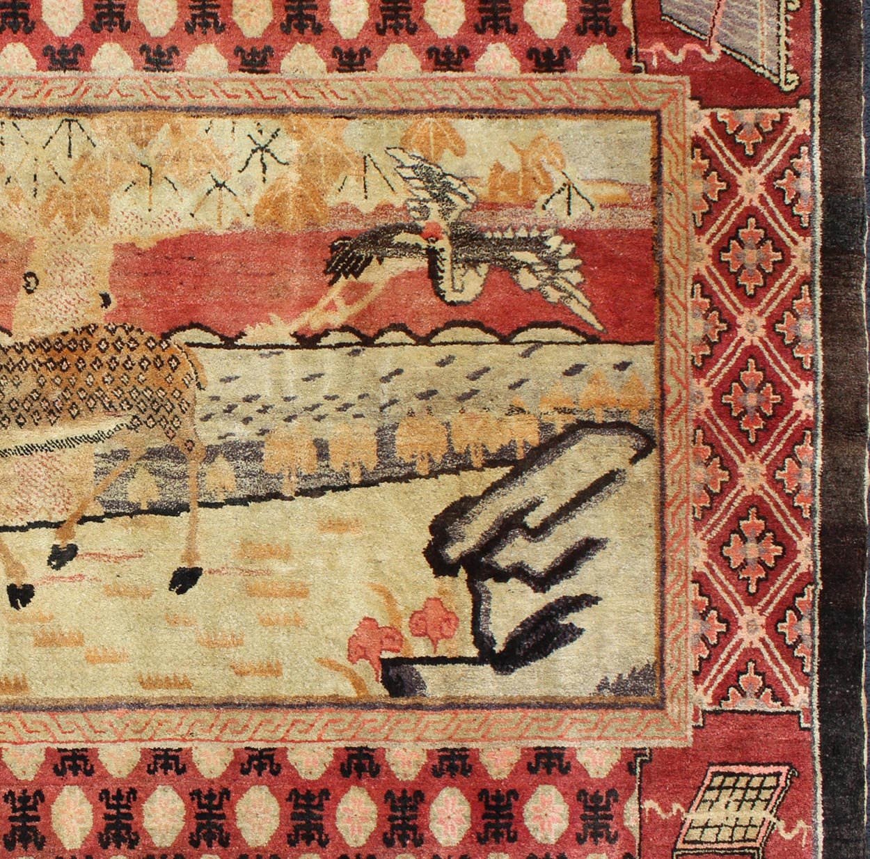 Antique Chinese Pictorial Rug with Deer and Crane Figures. Measures: 5' x 7'7. This enchanting east Chinese rug incorporates five symbols of longevity: the deer, the crane, a tree, rocks and water. Originally of Chinese origin, the symbols took o... - Keivan Woven ArtsJ10 - 0302 - 1833Rug