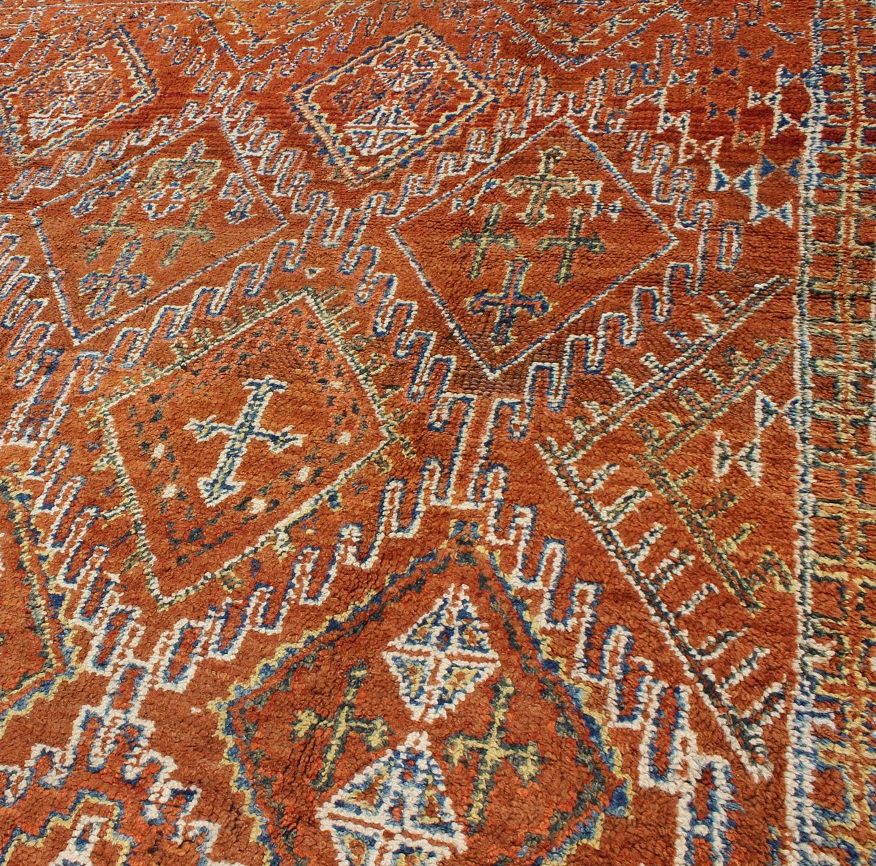 Antique Moroccan Rug with Diamond & Geometric Design in Brown, red, Orange, Green This magnificent Moroccan carpet is somewhat rare due to its early age. The rug is constructed with a soft wool pile in a lusciously saturated brown hue. An overall ... - Keivan Woven ArtsJ10 - 0404 - 1887Rug