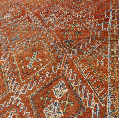 Antique Moroccan Rug with Diamond & Geometric Design in Brown, red, Orange, Green This magnificent Moroccan carpet is somewhat rare due to its early age. The rug is constructed with a soft wool pile in a lusciously saturated brown hue. An overall ... - Keivan Woven ArtsJ10 - 0404 - 1887Rug
