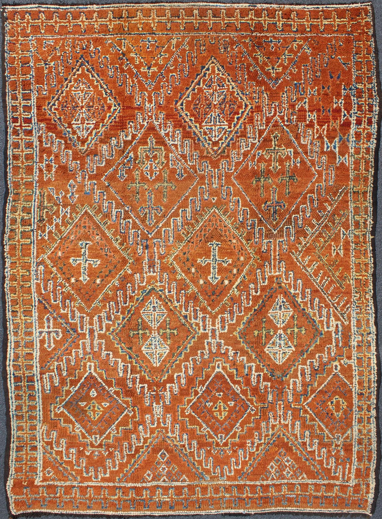 Antique Moroccan Rug with Diamond & Geometric Design in Brown, red, Orange, Green This magnificent Moroccan carpet is somewhat rare due to its early age. The rug is constructed with a soft wool pile in a lusciously saturated brown hue. An overall ... - Keivan Woven ArtsJ10 - 0404 - 1887Rug