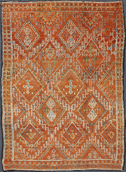 Antique Moroccan Rug with Diamond & Geometric Design in Brown, red, Orange, Green This magnificent Moroccan carpet is somewhat rare due to its early age. The rug is constructed with a soft wool pile in a lusciously saturated brown hue. An overall ... - Keivan Woven ArtsJ10 - 0404 - 1887Rug