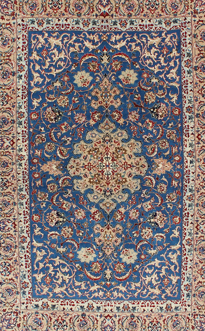 Very Fine Silk & Wool Isfahan Rug in Persian Blue. Isfahan very fine fine rug in silk foundation. Blue Persian vintage Isfahan carpet with intricate and detailed floral elements, rug j10 - 0607, country of origin / type: Iran / Isfahan, circa 195... - Keivan Woven ArtsJ10 - 0607 - 1289Rug