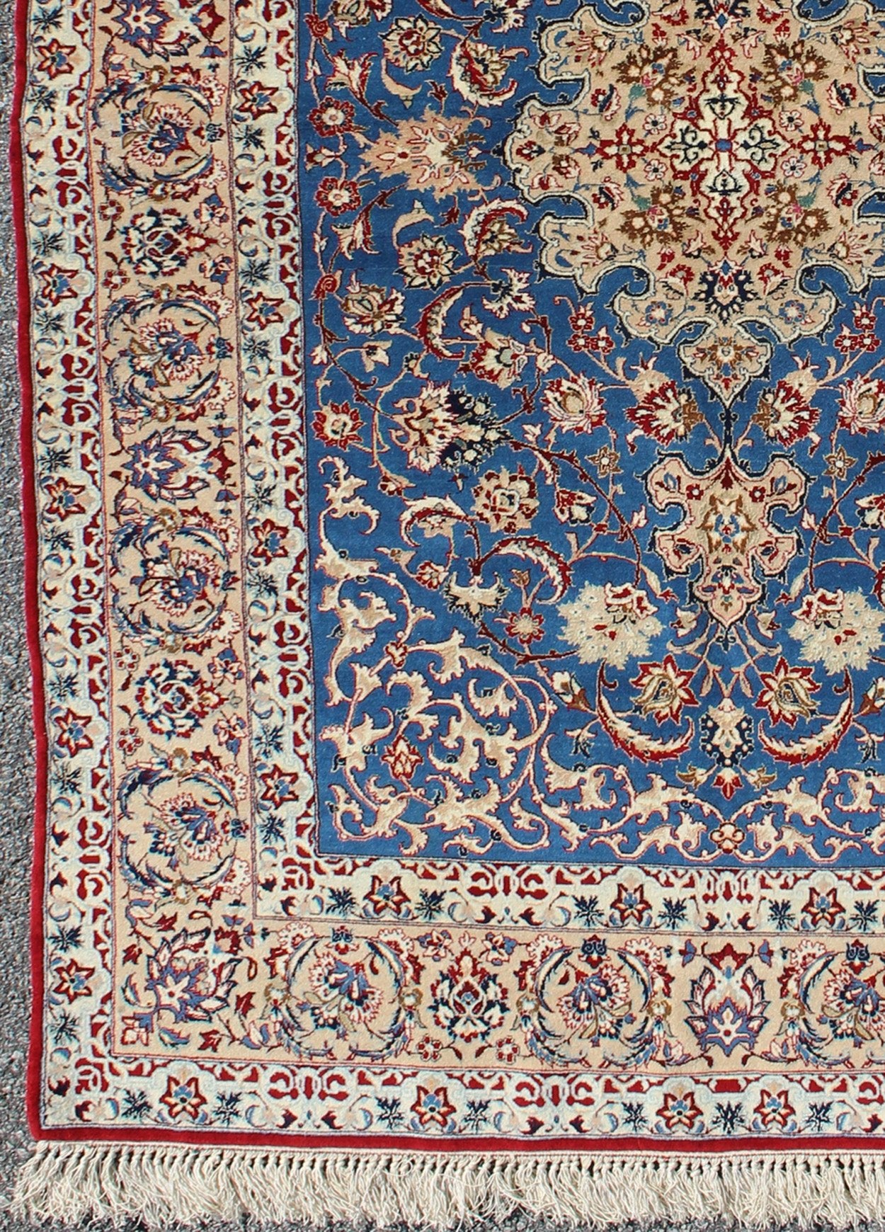 Very Fine Silk & Wool Isfahan Rug in Persian Blue. Isfahan very fine fine rug in silk foundation. Blue Persian vintage Isfahan carpet with intricate and detailed floral elements, rug j10 - 0607, country of origin / type: Iran / Isfahan, circa 195... - Keivan Woven ArtsJ10 - 0607 - 1289Rug