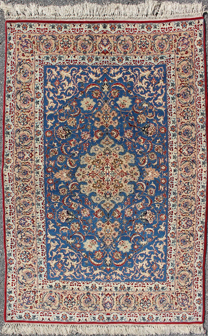 Very Fine Silk & Wool Isfahan Rug in Persian Blue. Isfahan very fine fine rug in silk foundation. Blue Persian vintage Isfahan carpet with intricate and detailed floral elements, rug j10 - 0607, country of origin / type: Iran / Isfahan, circa 195... - Keivan Woven ArtsJ10 - 0607 - 1289Rug