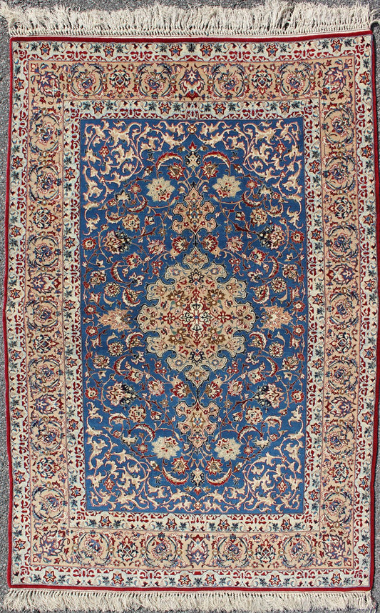 Very Fine Silk & Wool Isfahan Rug in Persian Blue. Isfahan very fine fine rug in silk foundation. Blue Persian vintage Isfahan carpet with intricate and detailed floral elements, rug j10 - 0607, country of origin / type: Iran / Isfahan, circa 195... - Keivan Woven ArtsJ10 - 0607 - 1289Rug