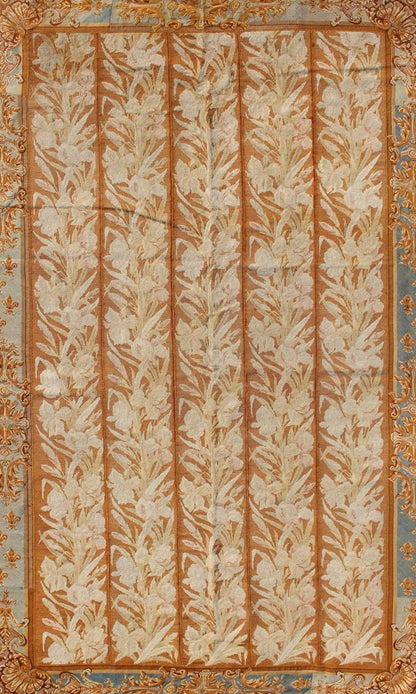 Antique Aubusson Tapestry with Golden Column Panels of Irises This exquisite antique Aubusson tapestry was delicately crafted in France around the middle of the 19th century during the reign of Louis Napoleon Bonaparte. The central body is compo... - Keivan Woven ArtsJ10 - 0801 - 2247Rug