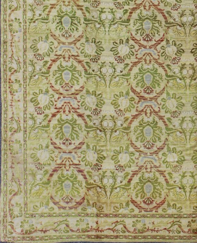 Antique Spanish Rug with Circular Floral Medallions in Golden Green and Red, rug j10 - 0803, country of origin / type: Spain / Spanish Colonial, circa 1900 This elegant antique Spanish carpet is the proud heir to a long tradition of rug - weaving in... - Keivan Woven ArtsJ10 - 0803 - 1979Rug