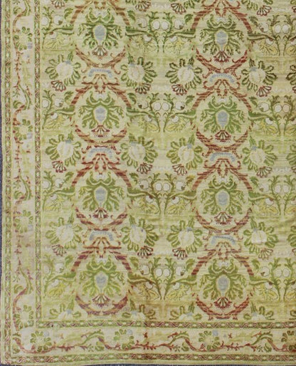 Antique Spanish Rug with Circular Floral Medallions in Golden Green and Red, rug j10 - 0803, country of origin / type: Spain / Spanish Colonial, circa 1900 This elegant antique Spanish carpet is the proud heir to a long tradition of rug - weaving in... - Keivan Woven ArtsJ10 - 0803 - 1979Rug