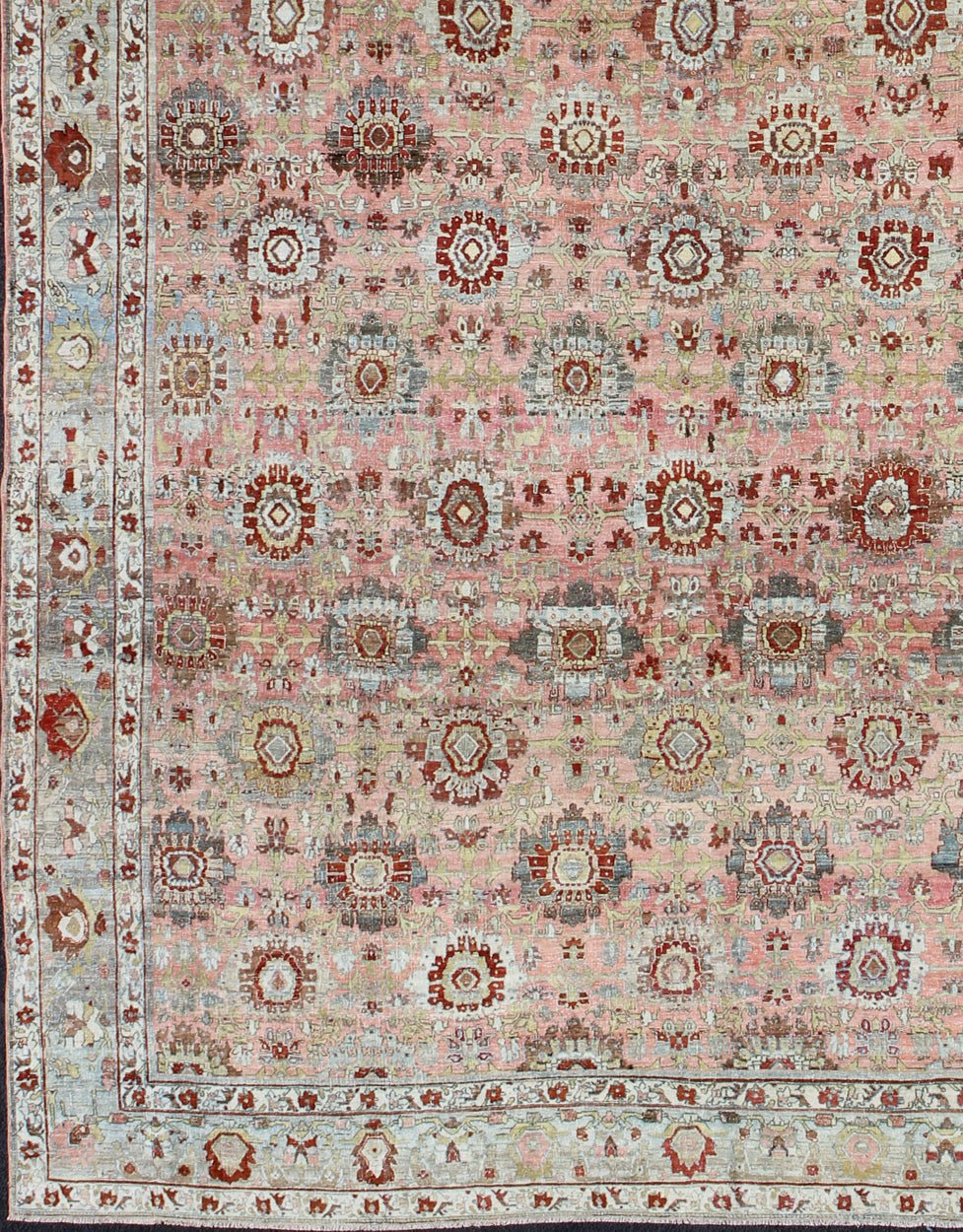 Remarkable antique Persian Bidjar rug with all - over design in light pink, light green and blue. kwarugs J10 - 0805. This magnificent Bidjar with an exquisite, all - over pattern and monumental size rests beautifully on a variegated pink colored backgro... - Keivan Woven ArtsJ10 - 0805 - 1975Rug