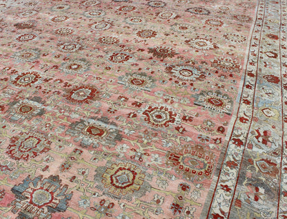 Remarkable antique Persian Bidjar rug with all - over design in light pink, light green and blue. kwarugs J10 - 0805. This magnificent Bidjar with an exquisite, all - over pattern and monumental size rests beautifully on a variegated pink colored backgro... - Keivan Woven ArtsJ10 - 0805 - 1975Rug