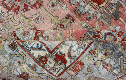 Remarkable antique Persian Bidjar rug with all - over design in light pink, light green and blue. kwarugs J10 - 0805. This magnificent Bidjar with an exquisite, all - over pattern and monumental size rests beautifully on a variegated pink colored backgro... - Keivan Woven ArtsJ10 - 0805 - 1975Rug